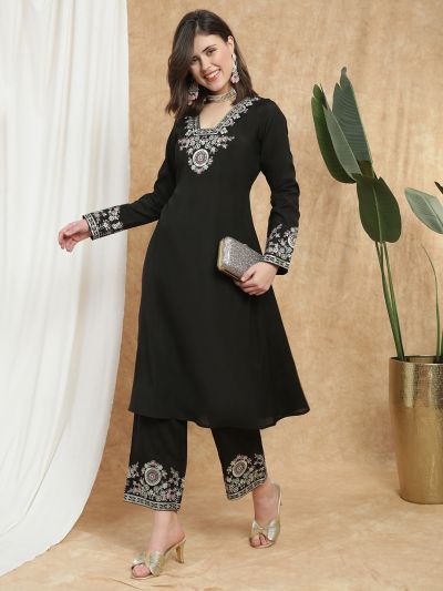 Globus Women Black V-Neck Long Sleeves Sequin Zari Embroidered A-Line Kurta With Pant Festive Set