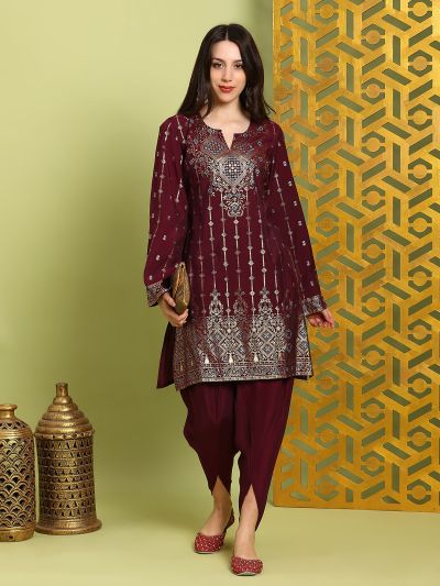 Globus Women Purple Round Neck Bell Sleeves Gold Foil Ethnic Print Straight Kurta With Dhoti Pants Festive Set