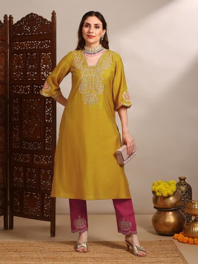 Globus Women Yellow Zari Embroidered Yoke V-Neck Scalloped Bell Sleeves Straight Kurta With Pants Festive Set