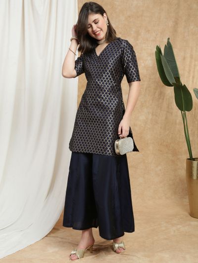 Globus Women Navy Blue V-Neck Short Sleeves Brocade Jaal Print Kurti With Flared Palazzo Festive Set