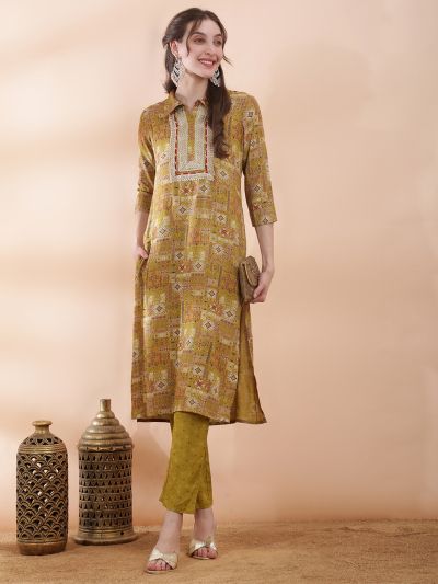 Globus Women Mustard Ethnic Motifs Foil Print Collared Neck Insert Yoke Straight Kurta With Pant Festive Set