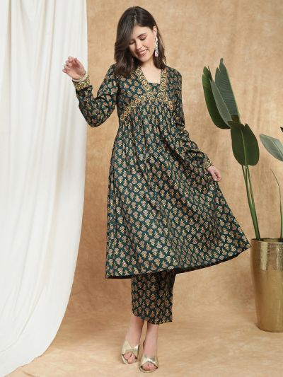 Globus Women Green Allover Floral Print Lace Insert V-Neck Alia Cut Pleated Kurta With Straight Pant Festive Set