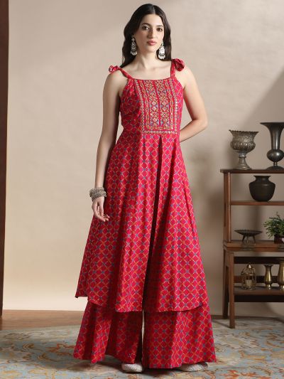 Globus Women Pink Coin Detail Tie-Up Shoulder Straps Embroidered Yoke Ethnic Foil Print Front Slit A-Line Kurta & Palazzos Festive Set