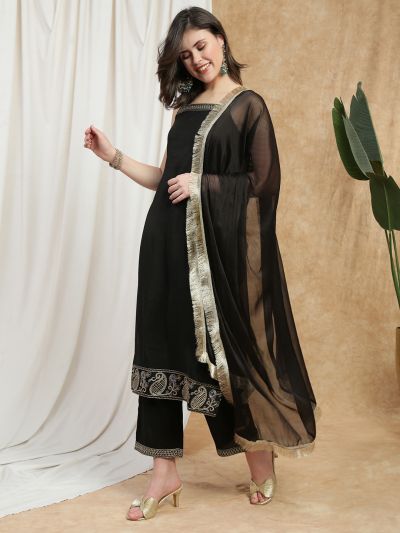 Globus Women Black Square Neck Shoulder Straps Embroidered Detail Straight Kurta With Pants & Fringed Dupatta Festive Set