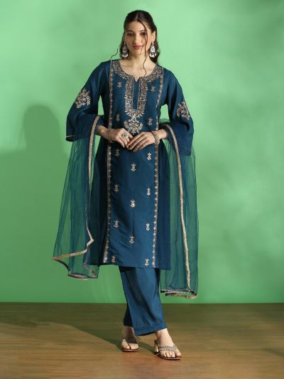 Globus Women Teal Embroidered Yoke Zari Work Bell Sleeves Straight Kurta With Pant & Dupatta Festive Set