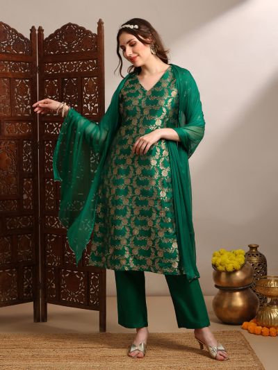 Globus Women Green V-Neck Short Sleeves Floral Woven Design Straight Kurta With Pants & Taping Dupatta Festive Set