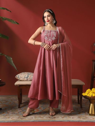 Globus Women Rust Sequinned Embroidered Yoke Round Neck Strappy Sleeves Anarkali Kurta With Pant & Dupatta Festive Set