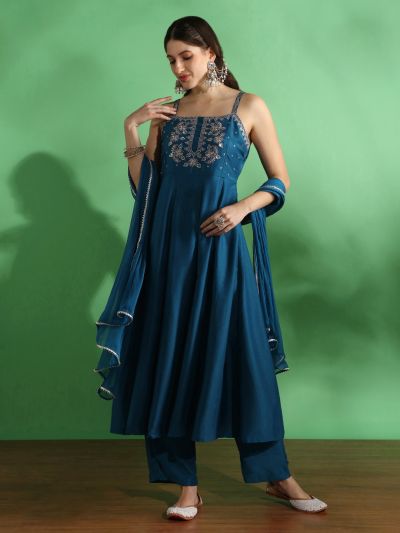 Globus Women Blue Sequin Embroidered Yoke Square Neck Strappy Sleeves Anarkali Kurta With Pant & Dupatta Set