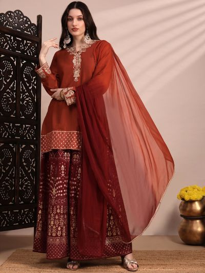 Globus Women Orange Zari Embroidered Yoke Round Neck Short Kurta With Allover Foil Printed Sharara & Ombre Dupatta Festive Set