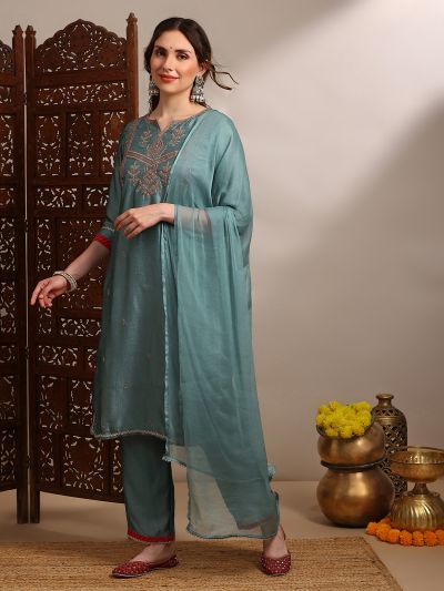 Globus Women Teal Zari Embroidered Yoke Straight Kurta With Wide Leg Pants & Taping Dupatta Festive Set