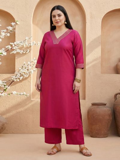 Globus Gloplus Women Pink Zari Embroidered V-Neck Straight Plus Size Kurta with Wide Leg Pants Workwear Set