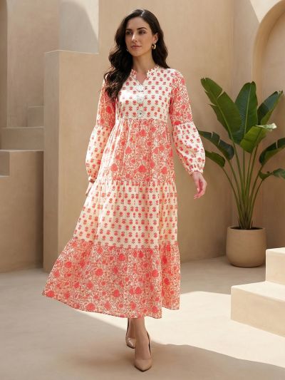 Globus Women Off White Floral Printed Mandarin Collar Bishop Sleeves Tiered Fit & Flare Maxi Fusion Dress