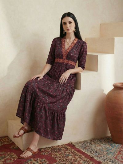 Globus Women Wine Embroidered V-Neck Puff Sleeves Gold Foil Floral Print Gathered & Tiered A-Line Midi Fusion Dress