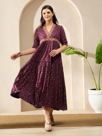 Globus Women Wine Embroidered V-Neck Puff Sleeves Gold Foil Floral Print Gathered & Tiered A-Line Midi Fusion Dress