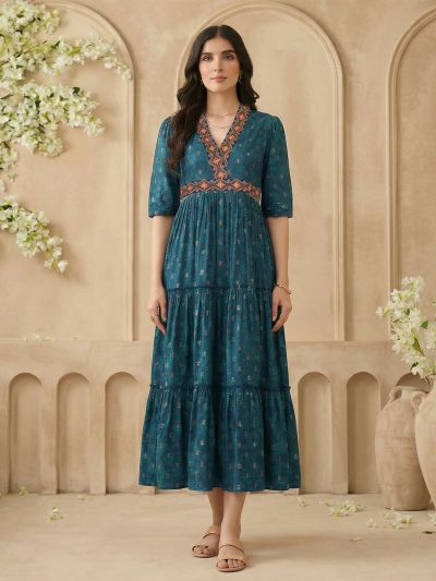 Globus Women Teal Embroidered V-Neck Puff Sleeves Gold Foil Floral Print Gathered & Tiered Midi A-Line Fusion Dress