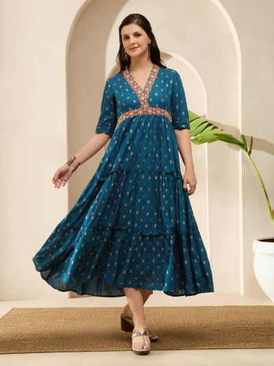 Globus Women Teal Embroidered V-Neck Puff Sleeves Gold Foil Floral Print Gathered & Tiered Midi A-Line Fusion Dress