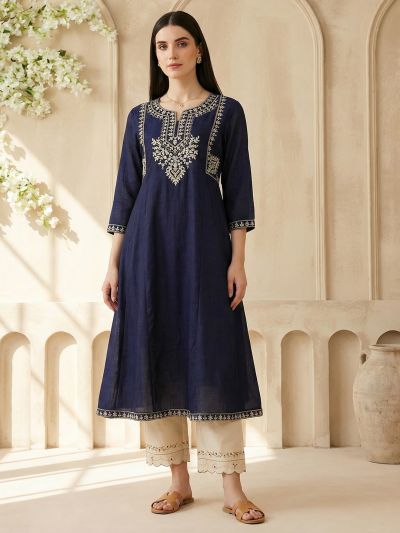 Globus Women Navy Blue Floral Embroidered Zari Yoke Detail Round Neck Panelled Anarkali Festive Kurta