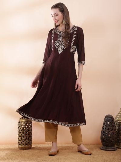 Globus Women Brown Floral Embroidered Yoke Detail Round Neck Panelled Anarkali Festive Kurta