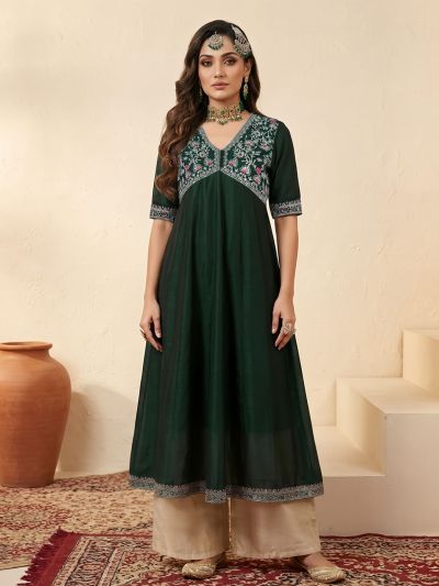 Globus Women Green Sequinned Floral Embroidered Zari Yoke V-Neck Short Sleeves Alia Cut A-Line Festive Kurta 