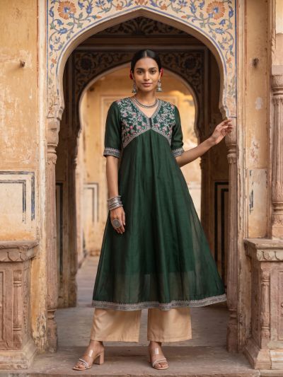 Globus Women Green Sequinned Floral Embroidered Zari Yoke V-Neck Short Sleeves Alia Cut A-Line Festive Kurta 