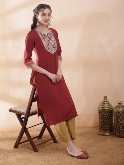 Globus Women Brown Sequinned & Zari Embroidered Yoke Round Neck Scalloped Sleeves Side Slits Festive Kurta 