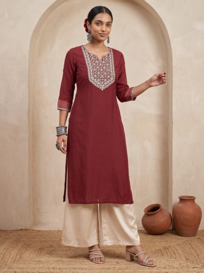 Globus Women Brown Sequinned & Zari Embroidered Yoke Round Neck Scalloped Sleeves Side Slits Festive Kurta 