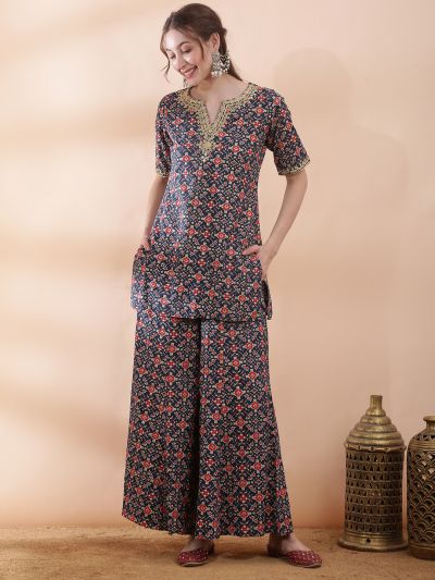 Globus Women Navy Blue Embroidered & Mirror Work Yoke Ethnic Print Kurti with Wide Leg Palazzos Festive Co-Ord Set