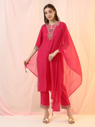 Globus Women Pink Scalloped Floral Embroidered Round Neck Straight Kurta with Pants & Dupatta Festive Set