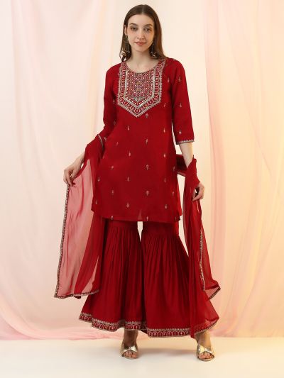 Globus Women Wine Round Neck Sequinned & Mirror Embroidered Yoke Back Tie-Up Kurti With Pants & Dupatta Festive Set