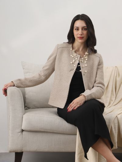 Globus Women Charcoal Texture Self Design Round Neck Long Sleeve 2 Side Pocket Tailored Fit Winterwear Overcoat 