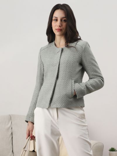 Globus Women Green Texture Self Design Round Neck Long Sleeve 2 Side Pocket Tailored Fit Winterwear Overcoat 