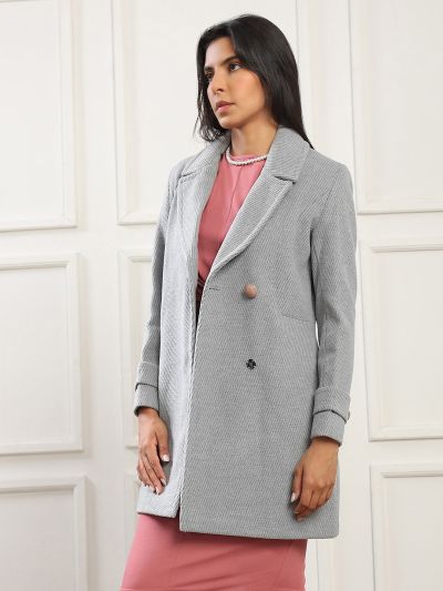 Globus Women Blue Notched Lapel Long Sleeves Striped Self Design 2 Pockets Hip Length Winterwear Overcoat