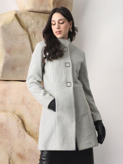 Globus Women Grey Self Design Mock Collar Long Sleeve Knee Length Tailored Fit Winterwear Overcoat 