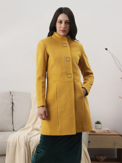 Globus Women Gold Self Design Mock Collar Long Sleeve Knee Length Tailored Fit Winterwear Overcoat 