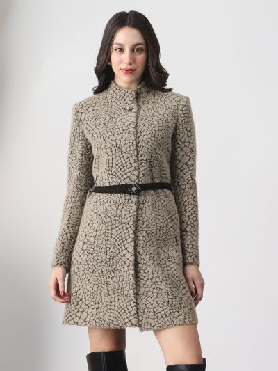 Globus Women Grey Melange Mock Neck Long Sleeves Self Design Winter Wear Overcoat with Belt