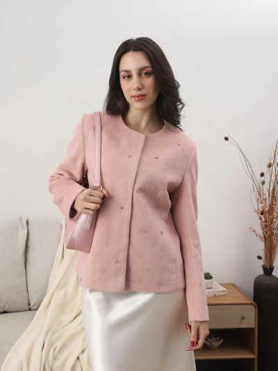 Globus Women Pink Round Neck Long Sleeves Floral Self Design Embellished Wool 2 Pockets Winterwear Overcoat