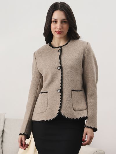 Globus Women Brown Round Neck Long Sleeves Embroidered Detail Self Design 2 Pockets Winterwear Overcoat