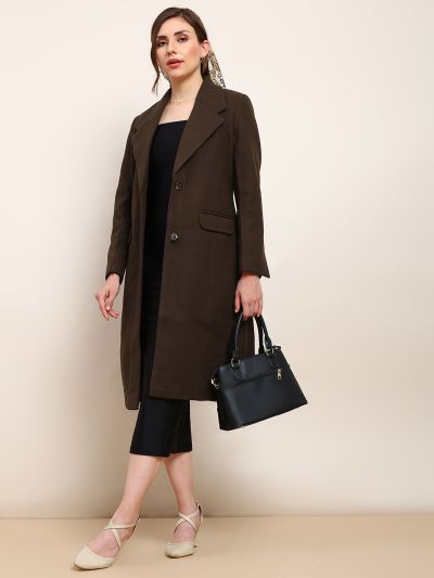 Globus Women Brown Solid Notched Lapel Long Sleeve Knee Length Winterwear Overcoat