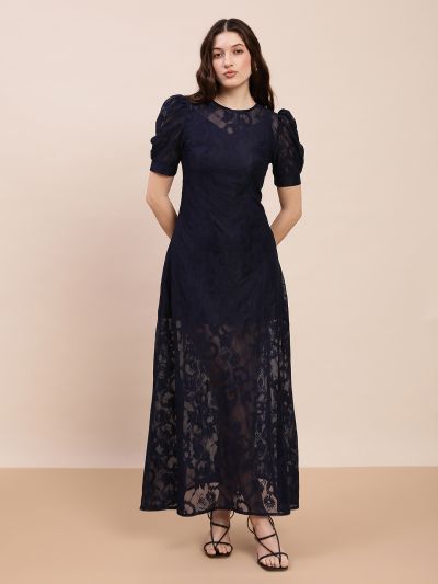 Globus Women Navy Blue Round Neck Puff Sleeves Floral Lace Detail A-Line Maxi Party Dress