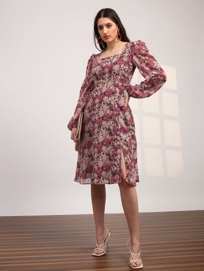 Globus Women Multicolour Georgette Floral Printed Square Neck Bishop Sleeves Stylized Back Fit & Flare Midi Dress