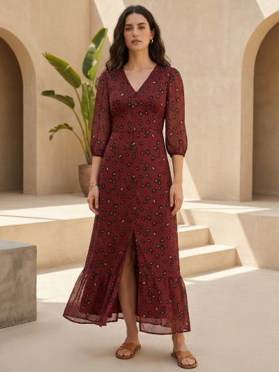 Globus Women Maroon Floral Printed V-Neck Puff Sleeves Front Slit Flared Hem A-Line Georgette Midi Dress