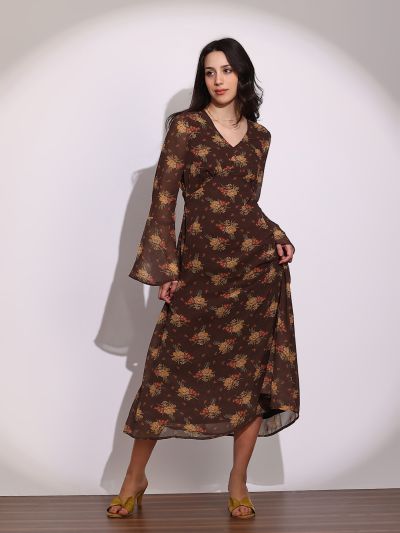 Globus Women Brown V-Neck Bell Sleeves Floral Print Georgette Midi A-Line Dress