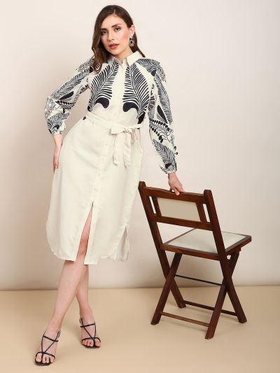 Globus Women Beige Abstract Print Collared Neck Curved Hem Belted Midi Shirt Style Dress