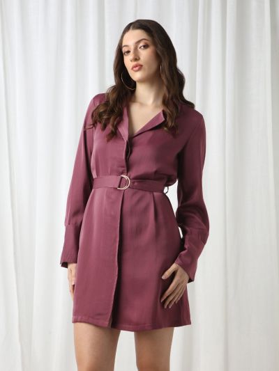 Globus Women Pink Notched Lapel Cuffed Sleeves Self Design Mini Workwear Blazer Dress With D-Ring Belt