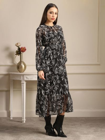 Globus Women Black Allover Floral Printed Bishop Sleeves Gathered & Pleat Tiered Fit & Flare Midi Dress