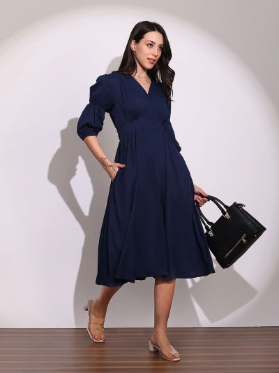 Globus Women Blue V-Neck Puff Sleeves Gathered Details Fit & Flare Midi Dress