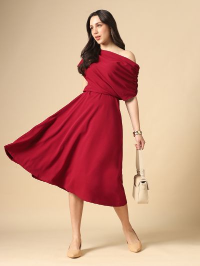 Globus Women Maroon One Shoulder Ruched Sleeve Self Design Fit & Flare Midi Dress