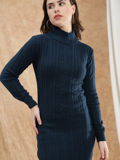 Globus Women Blue Turtle Neck Long Sleeves Self Design Ribbed Hem Mini Bodycon Winterwear Dress