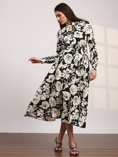 Globus Women Black Allover Floral Print High Neck Bishop Sleeves Belted Fit & Flare Midi Dress