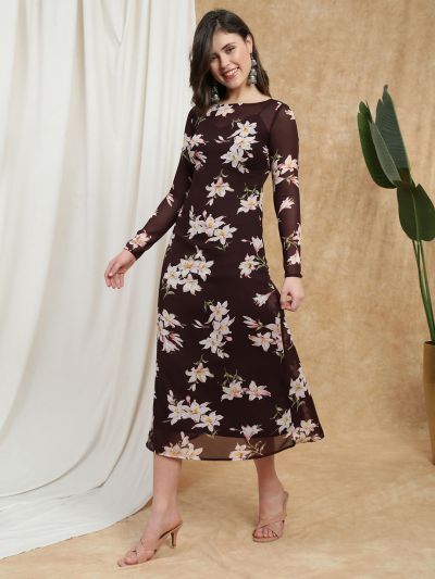 Globus Women Mauve Boat Neck Long Sleeves Floral Print Semi Sheer Midi A-Line Party Dress
